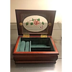 Vintage Wooden Jewelry Box with Stain Glass Top Rose Design Cottagecore